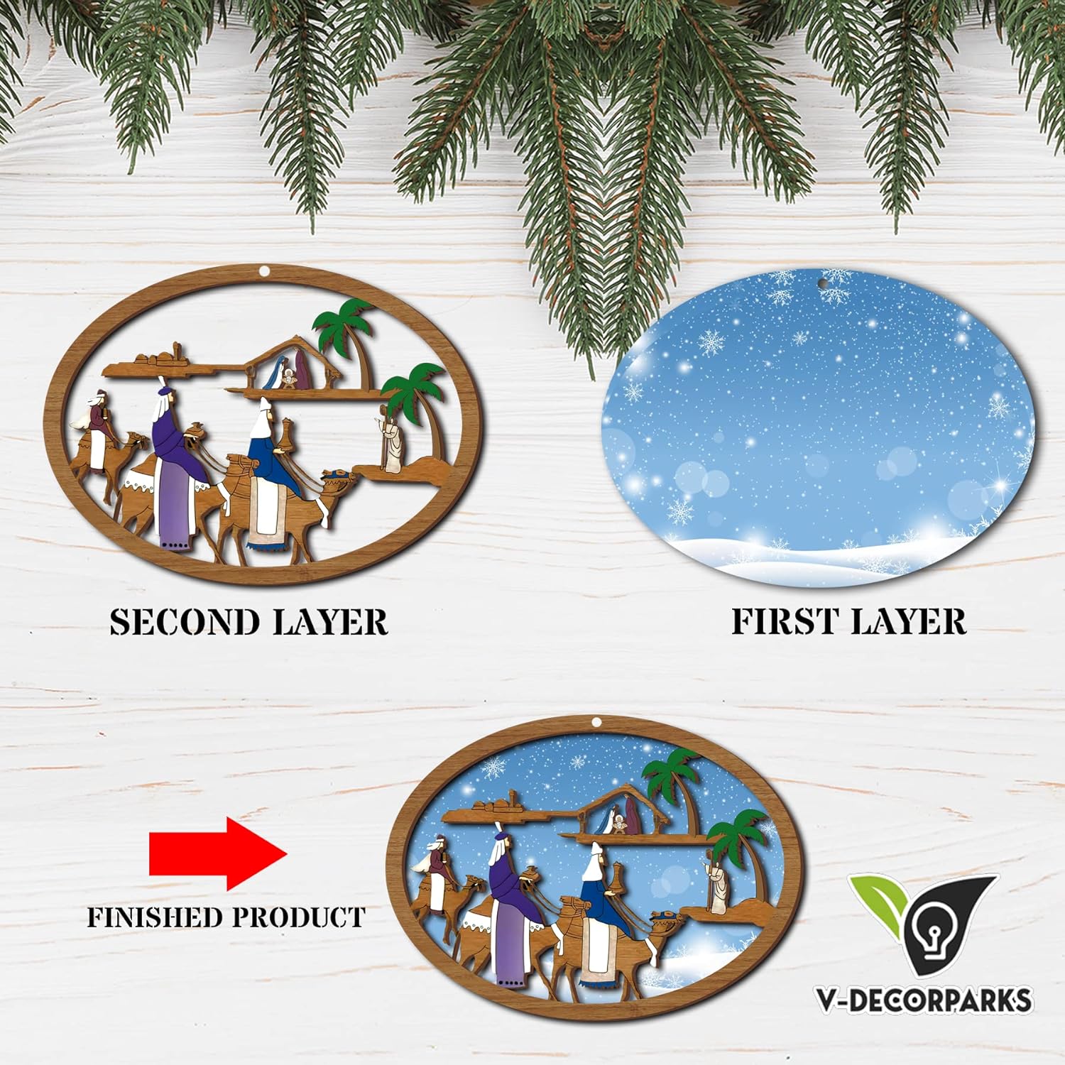 Jesus Nativity with Three Kings Christmas Wood Layered Ornaments - Christmas Tree Ornament