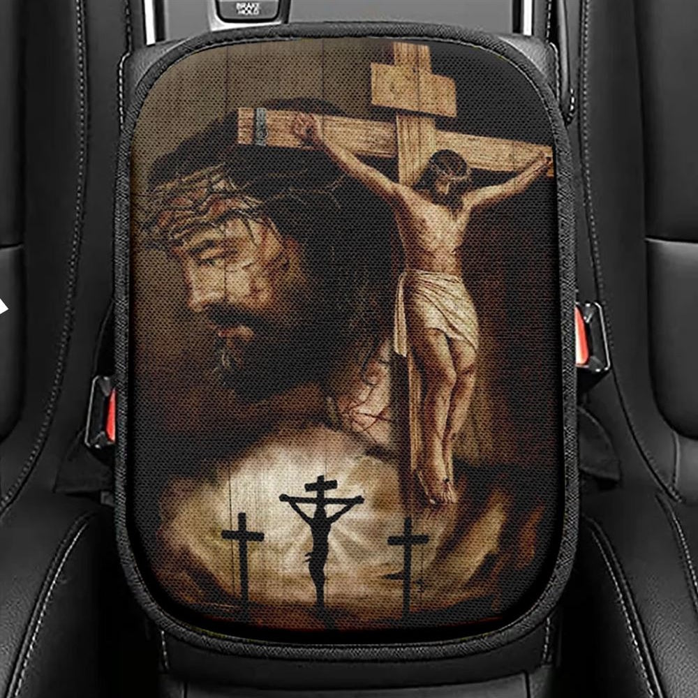 Jesus On Cross, Thorn Crown, Three Wooden Crosses Car Center Console Cover, Christian Armrest Seat Cover, Bible Seat Box Cover