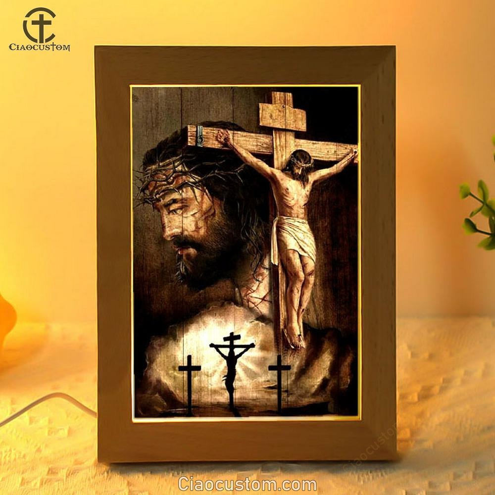 Jesus On Cross, Thorn Crown, Three Wooden Crosses Frame Lamp