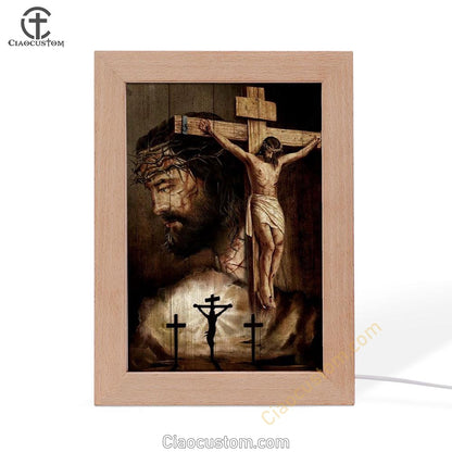 Jesus On Cross, Thorn Crown, Three Wooden Crosses Frame Lamp