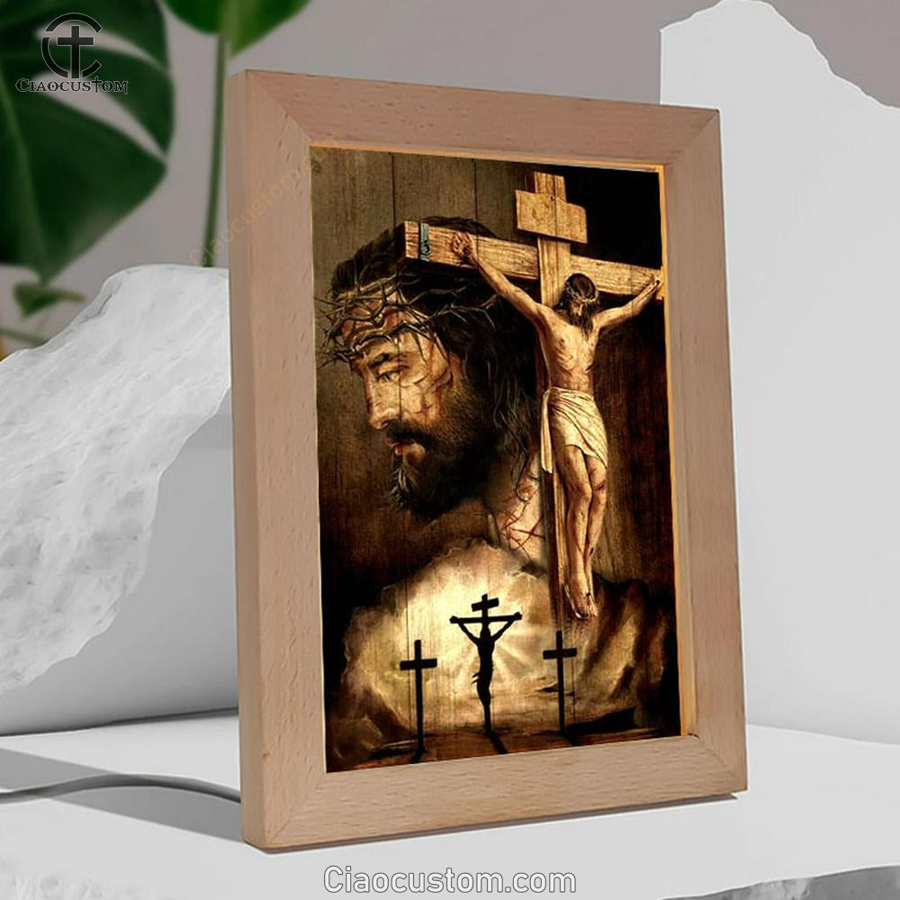 Jesus On Cross, Thorn Crown, Three Wooden Crosses Frame Lamp