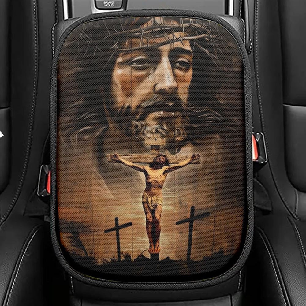 Jesus On The Cross Infinite Halo Car Center Console Cover, Christian Armrest Seat Cover, Bible Seat Box Cover