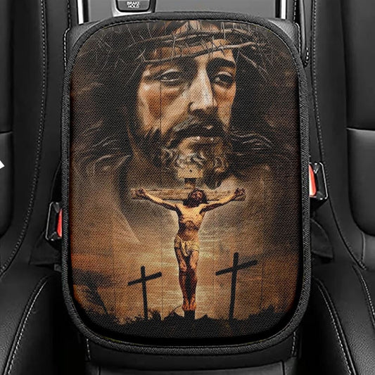 Jesus On The Cross Infinite Halo Car Center Console Cover, Christian Armrest Seat Cover, Bible Seat Box Cover