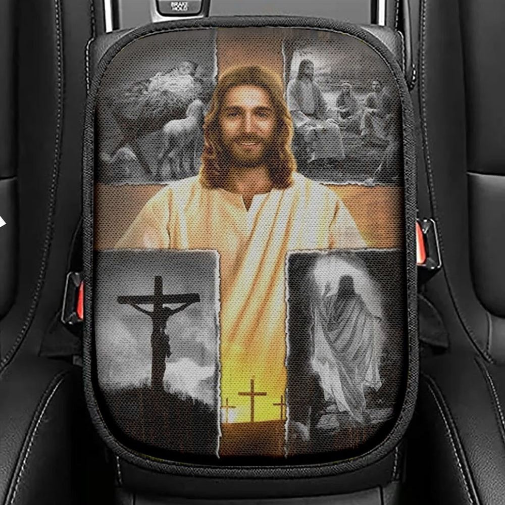 Jesus On The Cross Jesus Drawing Car Center Console Cover, Christian Armrest Seat Cover, Bible Seat Box Cover