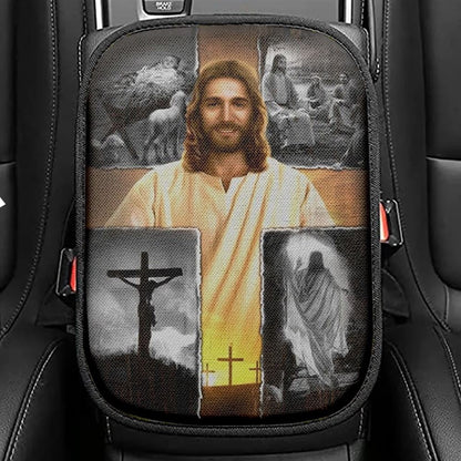 Jesus On The Cross Jesus Drawing Car Center Console Cover, Christian Armrest Seat Cover, Bible Seat Box Cover