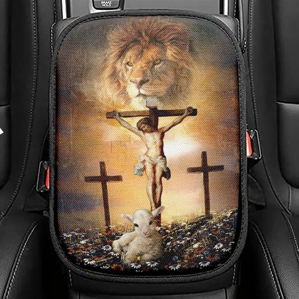 Jesus On The Cross, Lion Of Judah, Little Lamb, Rock Mountain Car Center Console Cover, Christian Armrest Seat Cover, Bible Seat Box Cover