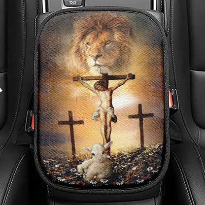 Jesus On The Cross, Lion Of Judah, Little Lamb, Rock Mountain Car Center Console Cover, Christian Armrest Seat Cover, Bible Seat Box Cover