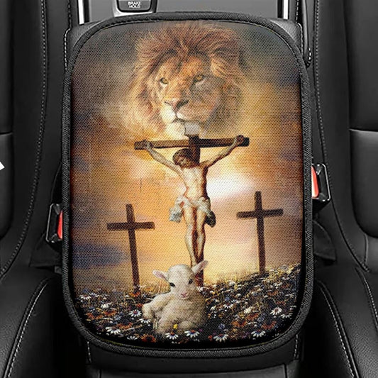 Jesus On The Cross, Lion Of Judah, Little Lamb, Rock Mountain Car Center Console Cover, Christian Armrest Seat Cover, Bible Seat Box Cover