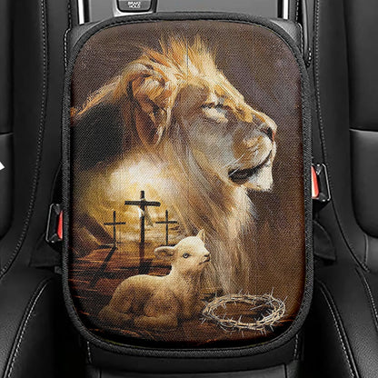 Jesus On The Cross Lion Seat Box Cover, Jesus Christ Car Center Console Cover, Christian Car Interior Accessories