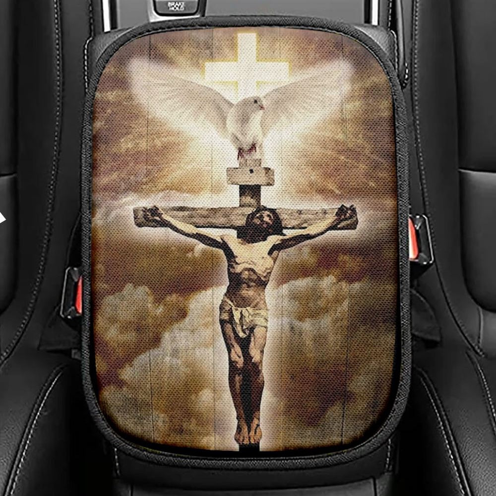 Jesus On The Cross Painting Pretty Dove Cross Car Center Console Cover, Christian Armrest Seat Cover, Bible Seat Box Cover