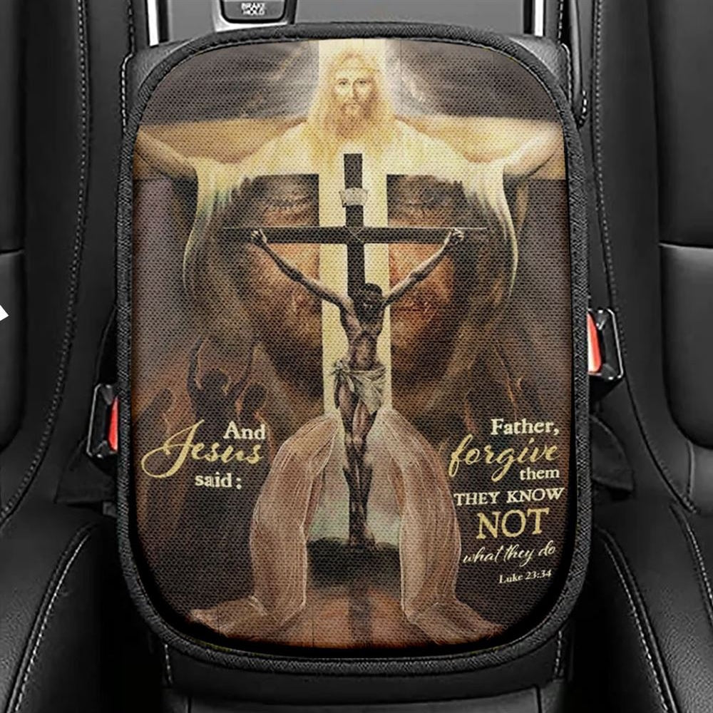 Jesus On The Cross, The World In His Arms, And Jesus Said Car Center Console Cover, Christian Armrest Seat Cover, Bible Seat Box Cover