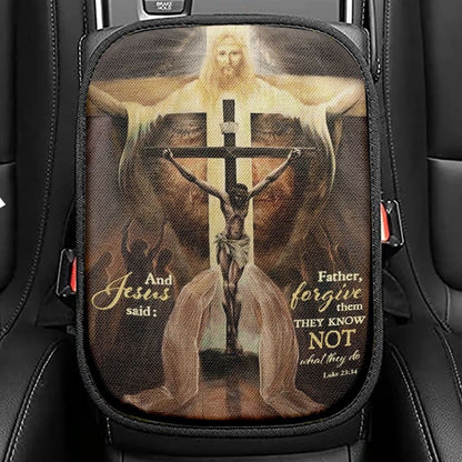Jesus On The Cross, The World In His Arms, And Jesus Said Car Center Console Cover, Christian Armrest Seat Cover, Bible Seat Box Cover
