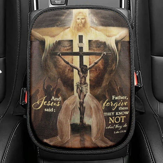 Jesus On The Cross, The World In His Arms, And Jesus Said Car Center Console Cover, Christian Armrest Seat Cover, Bible Seat Box Cover
