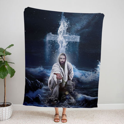 Jesus Outstretched Hands Saves 2 Fleece Blanket - Christian Blanket - Bible Verse Blanket