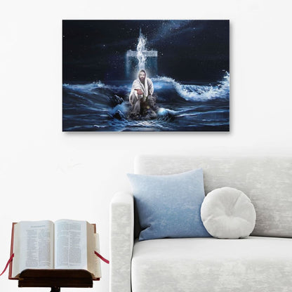 Jesus Outstretched Hands Saves Canvas Wall Art - Horizontal Christian Wall Art - Religious Wall Decor