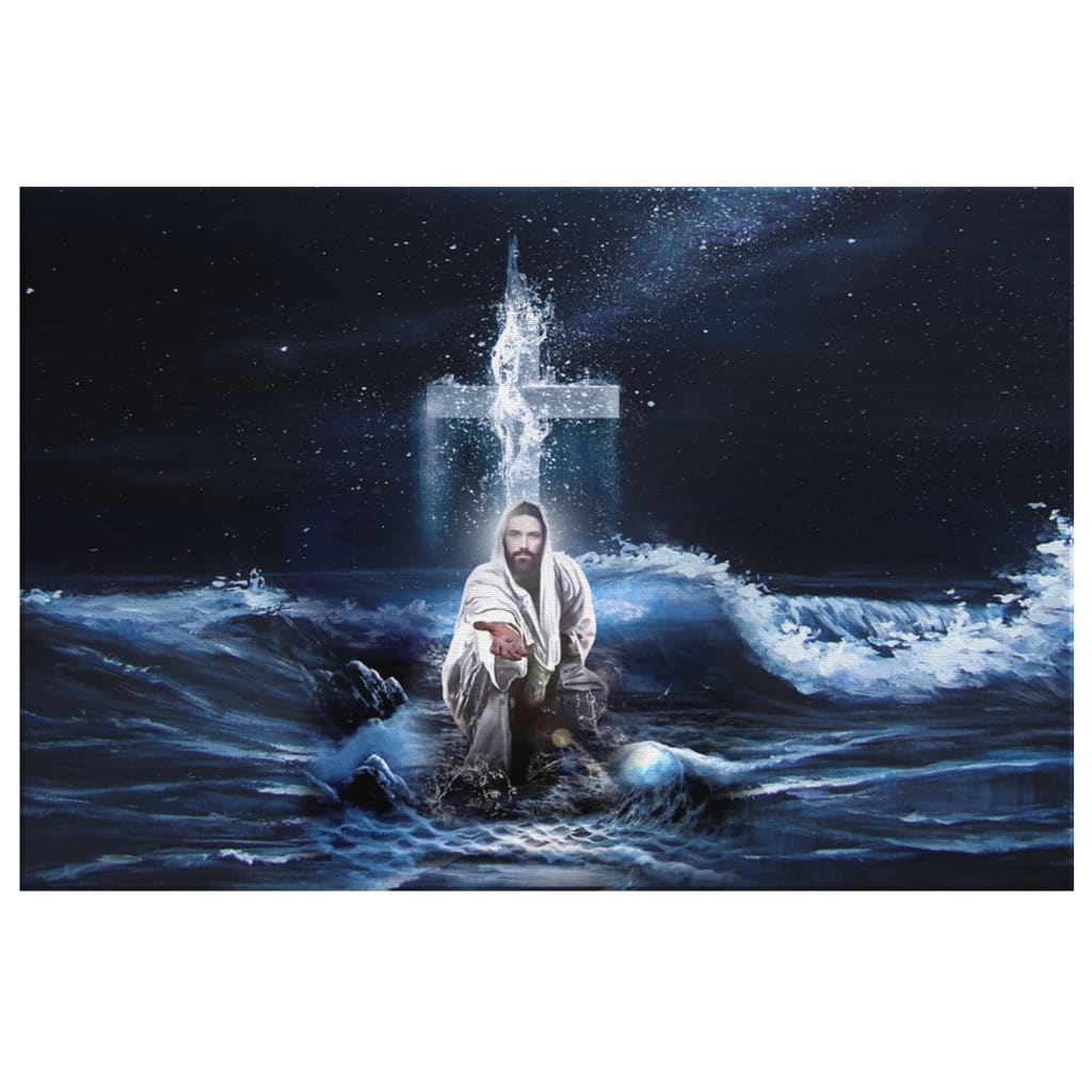 Jesus Outstretched Hands Saves Canvas Wall Art - Horizontal Christian Wall Art - Religious Wall Decor