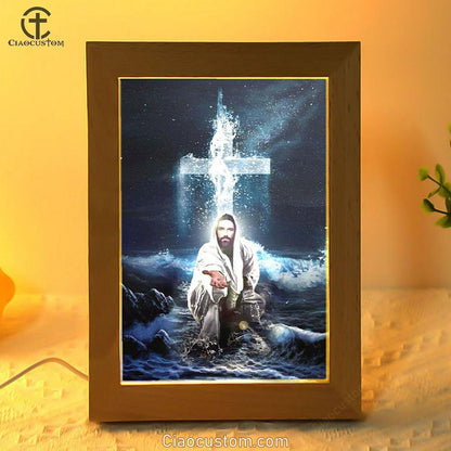 Jesus Outstretched Hands Saves Frame Lamp Wall Art - Bible Verse Wooden Lamp - Scripture Wall Decor