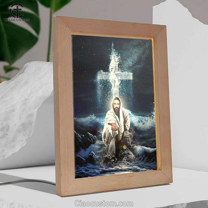 Jesus Outstretched Hands Saves Frame Lamp Wall Art - Bible Verse Wooden Lamp - Scripture Wall Decor