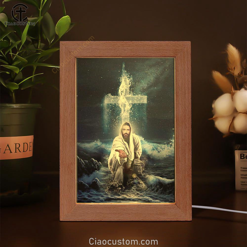 Jesus Outstretched Hands Saves Frame Lamp Wall Art - Bible Verse Wooden Lamp - Scripture Wall Decor