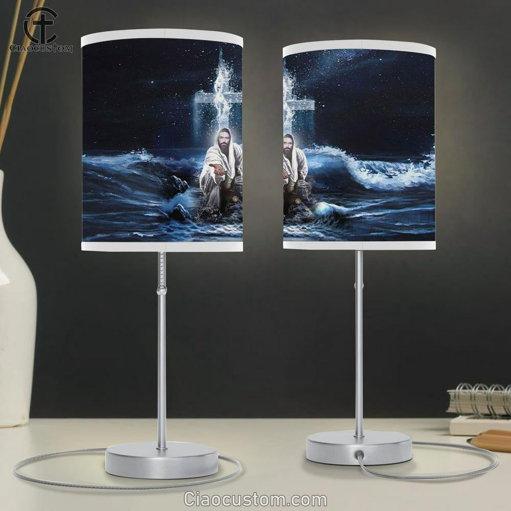 Jesus Outstretched Hands Saves Table Lamp For Bedroom - Horizontal Christian Lamp Art - Christian Room Decor