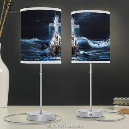 Jesus Outstretched Hands Saves Table Lamp For Bedroom - Horizontal Christian Lamp Art - Christian Room Decor