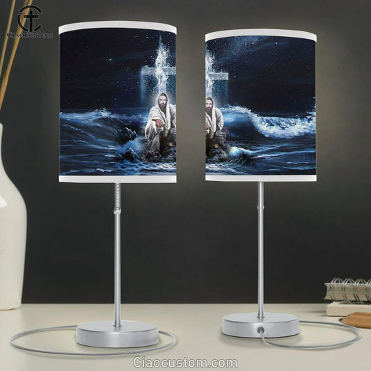 Jesus Outstretched Hands Saves Table Lamp For Bedroom - Horizontal Christian Lamp Art - Christian Room Decor