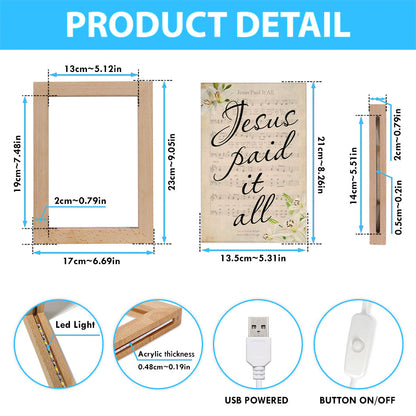 Jesus Paid It All Sheet Music Wall Art Frame Lamp, Easter Frame Lamp Wall Art - Bible Verse Wooden Lamp - Scripture Wall Decor