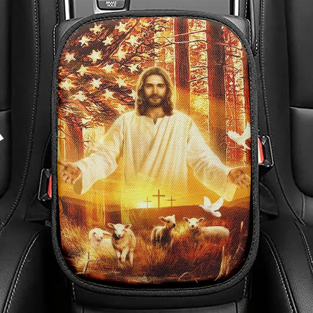 Jesus Painting, American Flag, Lambs Of God, Into The Arms Of Jesus Car Center Console Cover, Christian Armrest Seat Cover, Bible Seat Box Cover