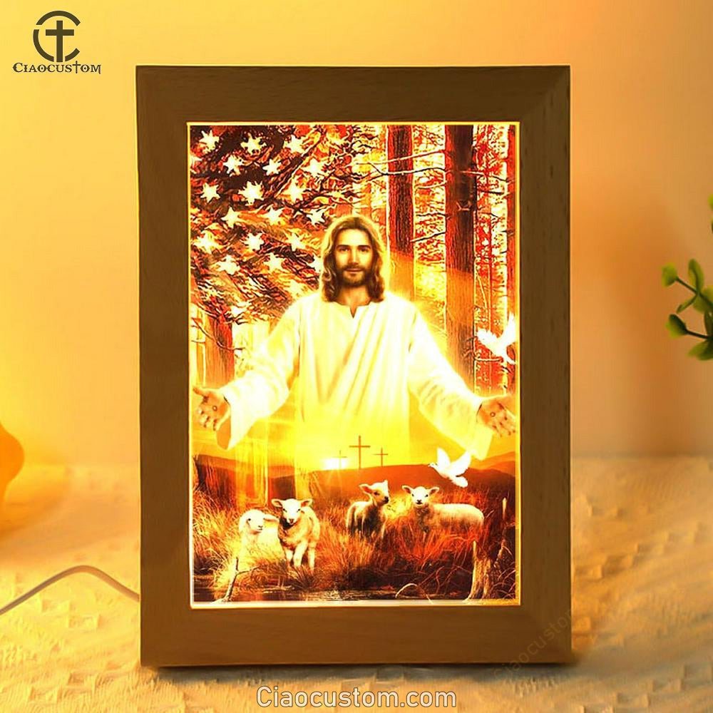 Jesus Painting, American Flag, Lambs Of God, Into The Arms Of Jesus Frame Lamp
