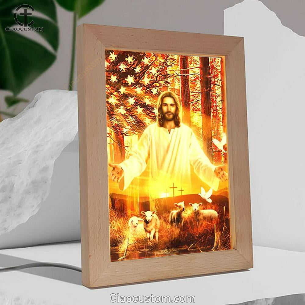 Jesus Painting, American Flag, Lambs Of God, Into The Arms Of Jesus Frame Lamp