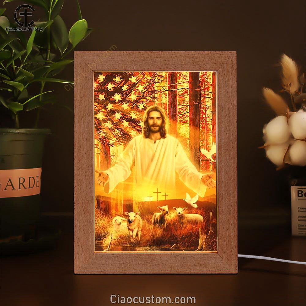 Jesus Painting, American Flag, Lambs Of God, Into The Arms Of Jesus Frame Lamp