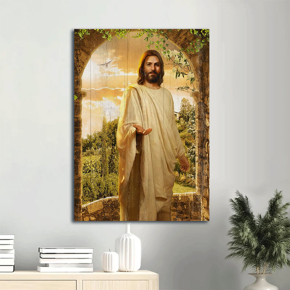 Jesus Painting Cave Green Forest Walking With Canvas Wall Art - Christian Gift