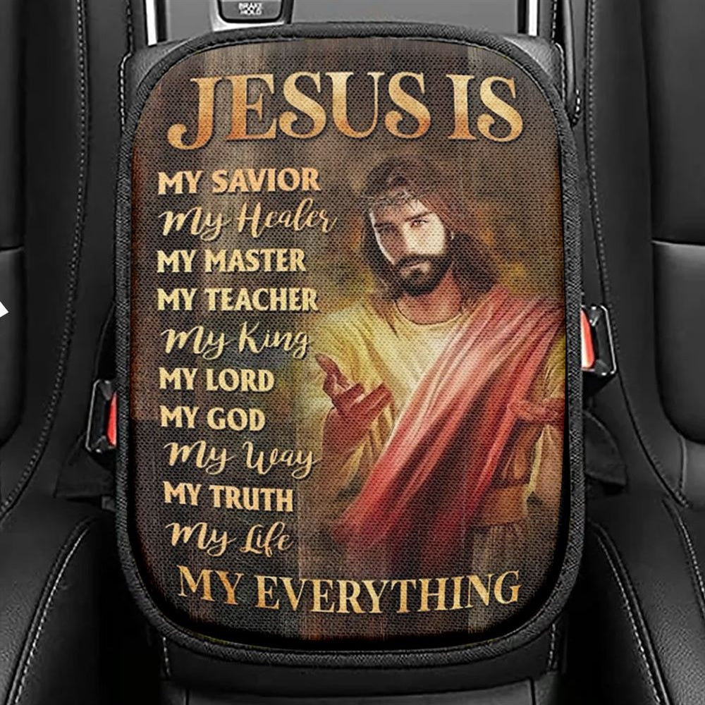 Jesus Painting, Crown Of Thorn, Jesus Is My Savior, My Healer Car Center Console Cover, Christian Armrest Seat Cover, Bible Seat Box Cover