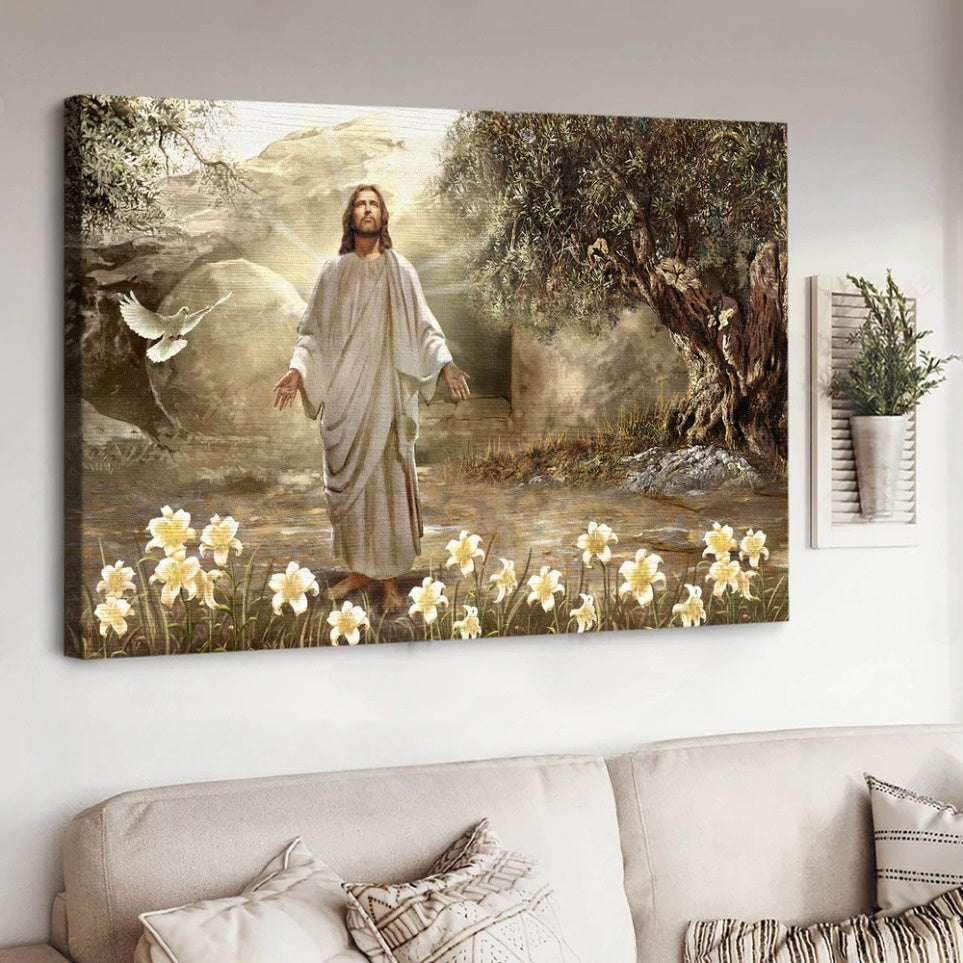 Jesus Painting Dove Of Peace Meadow Landscape A New Day Has Come Canvas Wall Art - Jesus Canvas Pictures - Christian Wall Posters