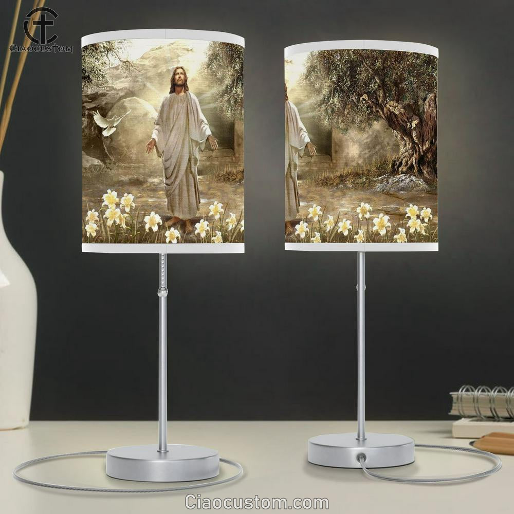 Jesus Painting, Dove Of Peace, Meadow Landscape, A New Day Has Come Table Lamp