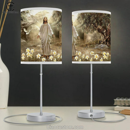Jesus Painting, Dove Of Peace, Meadow Landscape, A New Day Has Come Table Lamp