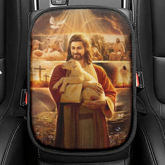 Jesus Painting, Lamb Of Jesus, Heaven Light, Jesus Life Car Center Console Cover, Christian Armrest Seat Cover, Bible Seat Box Cover