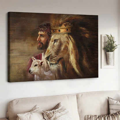 Jesus Painting Lion Lamb Canvas Wall Art - Jesus Canvas Pictures - Christian Wall Posters