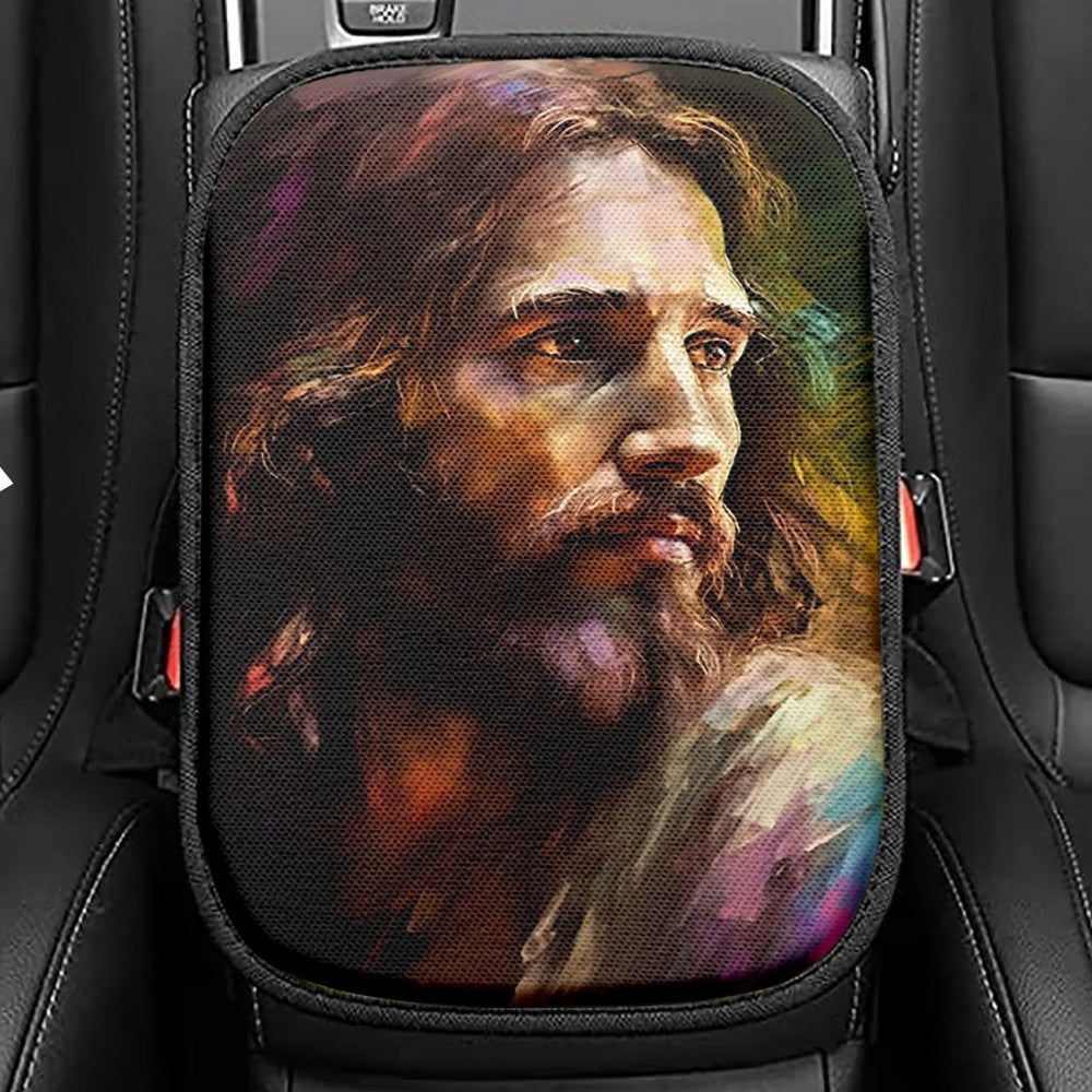 Jesus Painting Lion Seat Box Cover, Jesus Christ Car Center Console Cover, Christian Car Interior Accessories