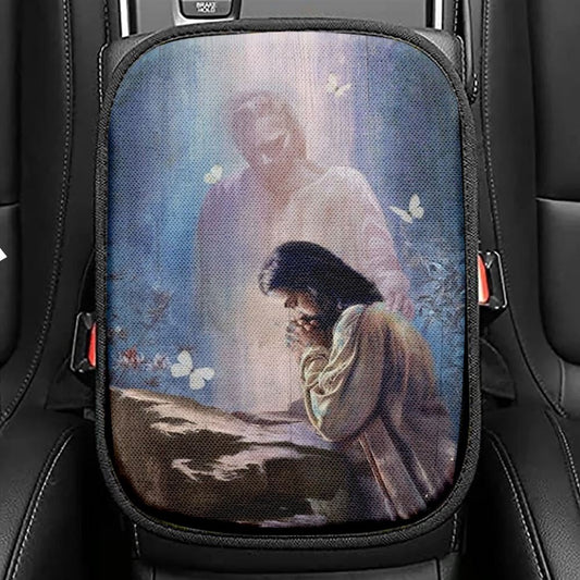 Jesus Painting Praying With God Car Center Console Cover, Christian Armrest Seat Cover, Bible Seat Box Cover