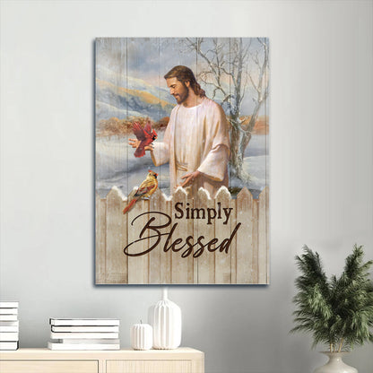 Jesus Painting Pretty Cardinal Winter Forest Simply Blessed Canvas Wall Art - Christian Gift