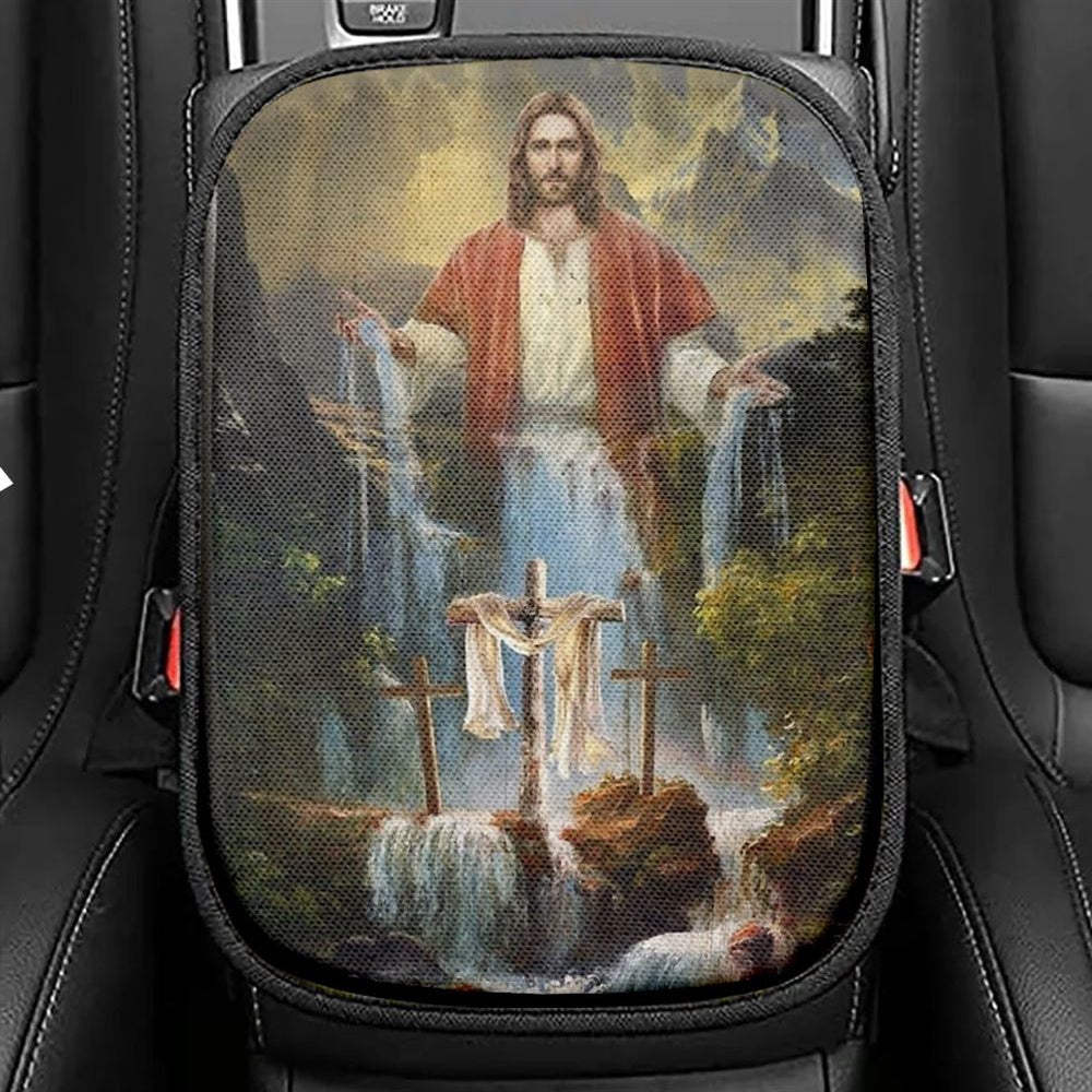 Jesus Painting Waterfall Beautiful Forest Car Center Console Cover, Christian Armrest Seat Cover, Bible Seat Box Cover