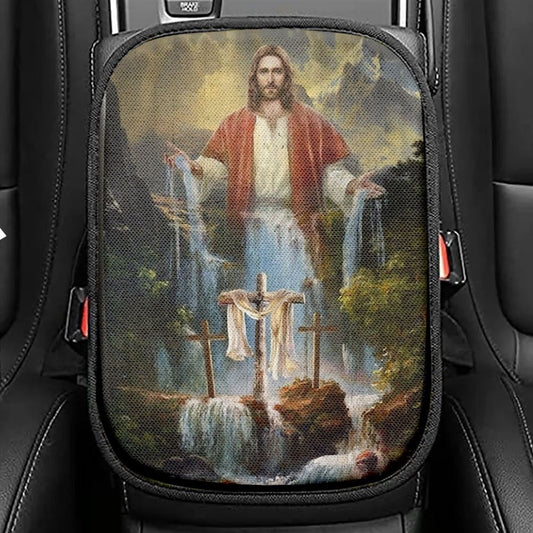 Jesus Painting Waterfall Beautiful Forest Car Center Console Cover, Christian Armrest Seat Cover, Bible Seat Box Cover