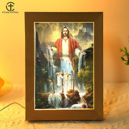 Jesus Painting Waterfall Beautiful Forest Frame Lamp