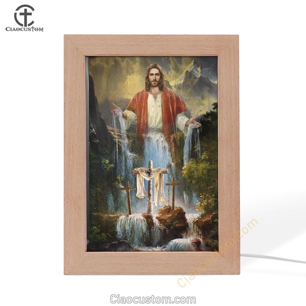 Jesus Painting Waterfall Beautiful Forest Frame Lamp