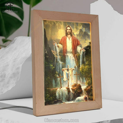 Jesus Painting Waterfall Beautiful Forest Frame Lamp