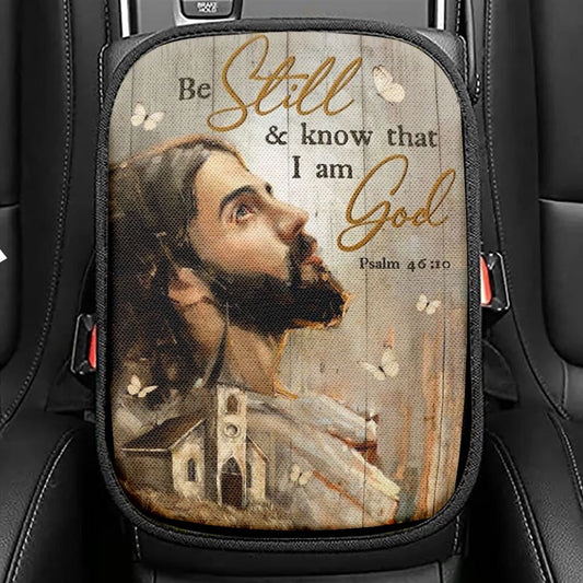 Jesus Painting, White Butterfly, Old Church, Be Still And Know That I Am God Car Center Console Cover, God Armrest Seat Cover, Bible Seat Box Cover