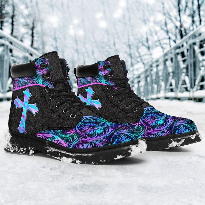 Jesus Pattern Flowers Cross Tbl Boots - Christian Shoes For Men And Women