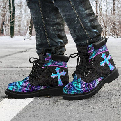 Jesus Pattern Flowers Cross Tbl Boots - Christian Shoes For Men And Women