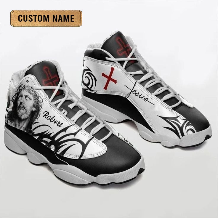 Jesus Pattern J13 Shoes Black And White - Personalized Name Faith Shoes - Jesus Shoes